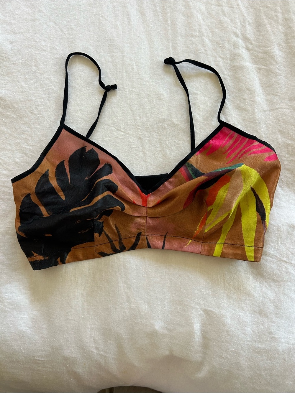 Zara Tropical Print Bralette - Black Trim, Multicolor Palm Design